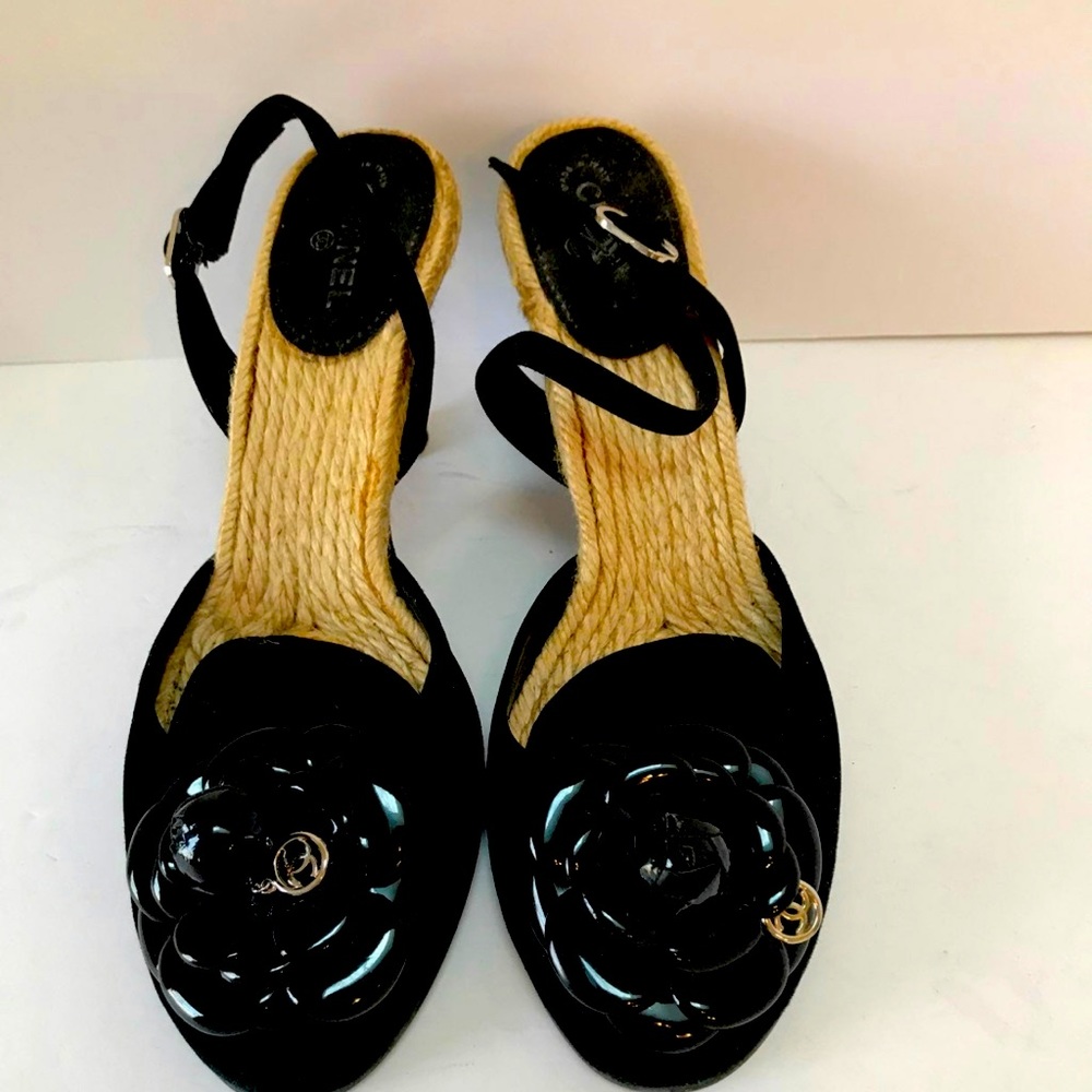 COPY - Chanel wedge pumps suede with patent Camellia flower and cc logo 39.5